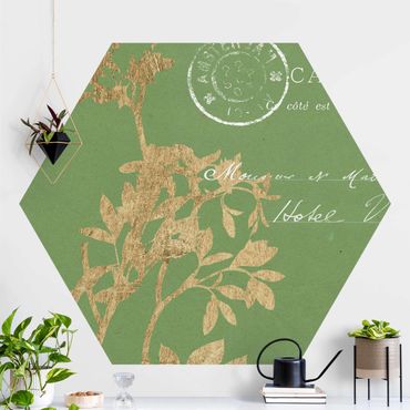 Hexagon Mustertapete selbstklebend - Goldene Blätter auf Lind I