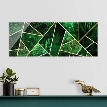 Glasbild - Goldene Geometrie - Dunkler Smaragd - Panorama 5:2