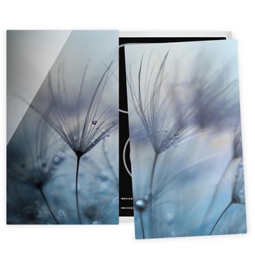 Herdabdeckplatte Glas - Blaue Federn im Regen - 52x60cm