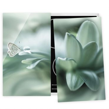 Herdabdeckplatte Glas - Schmetterling und Tautropfen in Pastellgrün - 52x60cm