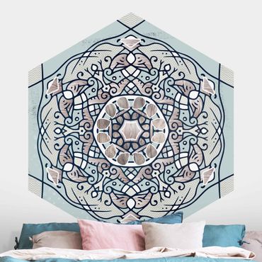 Hexagon Mustertapete selbstklebend - Hexagonales Mandala in Hellblau