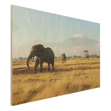 Bild aus Holz - Elefanten vor dem Kilimanjaro in Kenya - Quer 3:2