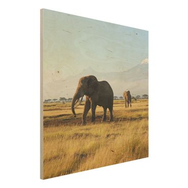 Bild aus Holz - Elefanten vor dem Kilimanjaro in Kenya - Quadrat 1:1