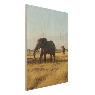 Bild aus Holz - Elefanten vor dem Kilimanjaro in Kenya - Hoch 3:4