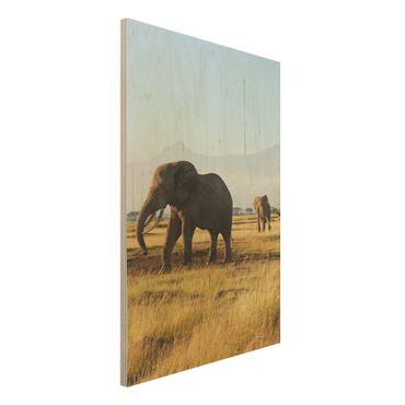 Bild aus Holz - Elefanten vor dem Kilimanjaro in Kenya - Hoch 2:3