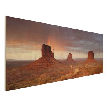 Wandbild aus Holz - Monument Valley bei Sonnenuntergang - Panorama Quer