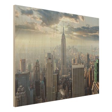 Holz Wandbild - Sonnenaufgang in New York - Quer 4:3