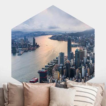 Hexagon Fototapete selbstklebend - Hongkong bei Sonnenaufgang