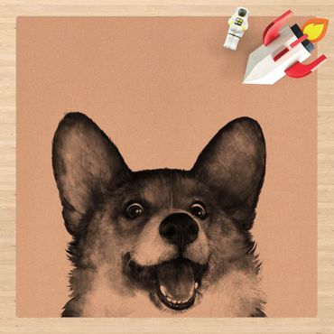 Kork-Teppich - Illustration Hund Corgi Weiß Schwarz Malerei - Quadrat 1:1