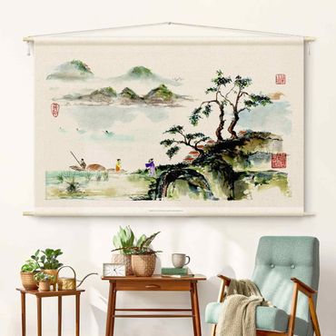Wandteppich - Japanische Aquarell Zeichnung See und Berge - Hochformat 3:2