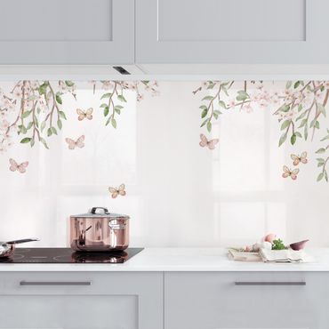 Küchenrückwand - Kirschblüte im Flügelspiel der Schmetterlinge