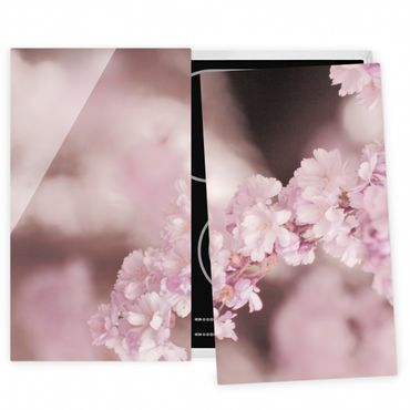 Herdabdeckplatte Glas - Kirschblüte im Violetten Licht