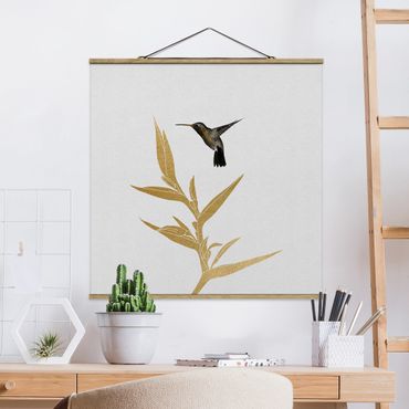 Stoffbild mit Posterleisten - Kolibri und tropische goldene Blüte II - Quadrat 1:1