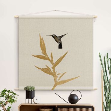 Wandteppich - Kolibri und tropische goldene Blüte II - Quadrat 1:1
