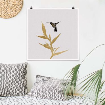 Poster - Kolibri und tropische goldene Blüte II - Quadrat 1:1
