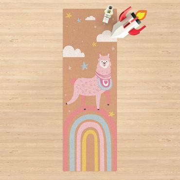 Kork-Teppich - Lama auf Regenbogen mit Sternen und Pünktchen - Hochformat 1:3