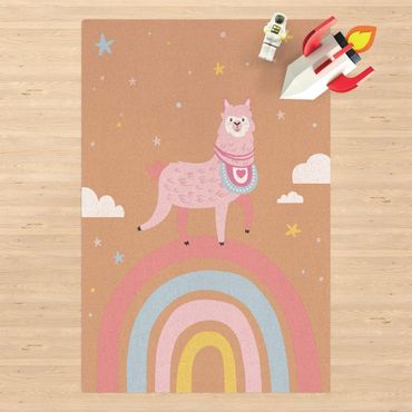Kork-Teppich - Lama auf Regenbogen mit Sternen und Pünktchen - Hochformat 2:3