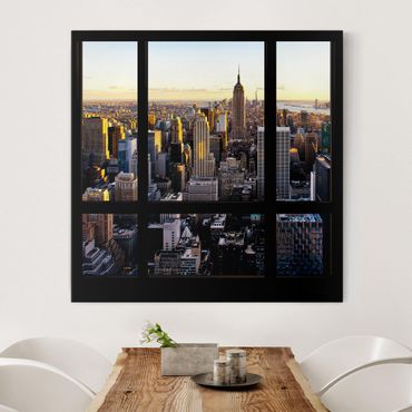 Leinwandbild - Fensterblick am Abend über New York - Quadrat 1:1