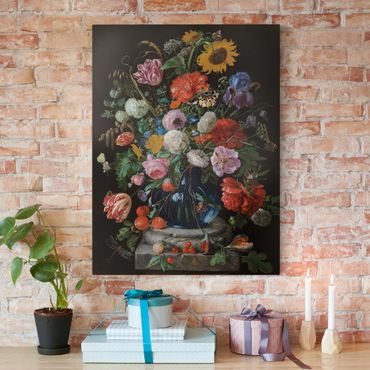 Leinwandbild - Jan Davidsz de Heem - Tulpen, eine Sonnenblume, eine Iris und andere Blumen in einer Glasvase auf dem Marmorsockel einer Säule - Hoch 3:4
