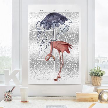 Leinwandbild - Tierlektüre - Flamingo mit Regenschirm - Hochformat 3:2