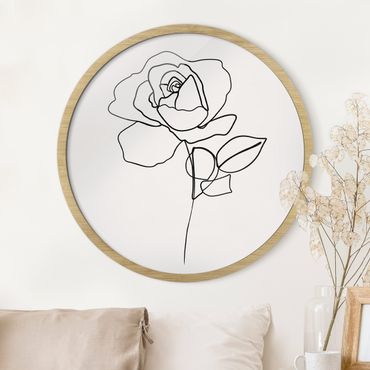 Rundes Gerahmtes Bild - Line Art Rose Schwarz Weiß
