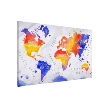 Magnettafel - Weltkarte Aquarell violett rot gelb - Memoboard Querformat