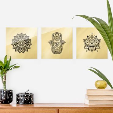 Glasbild mehrteilig - Mandala Hamsa Hand Lotus Set auf Weiß 3-teilig