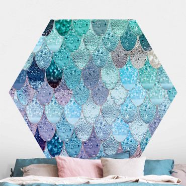 Hexagon Mustertapete selbstklebend - Meerjungfrauen Magie in Blaugrün