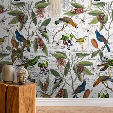 Metallic Tapete  - Nostalgischer Beerenblues mit Paradisvögeln