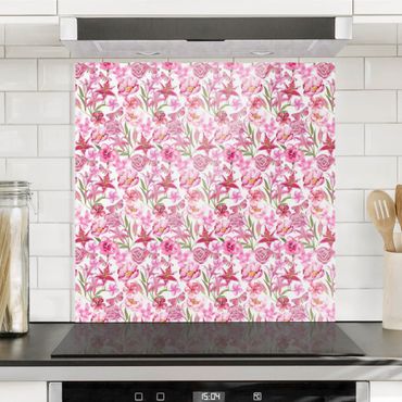 Spritzschutz Glas - Pinke Blumen mit Schmetterlingen - Quadrat 1:1