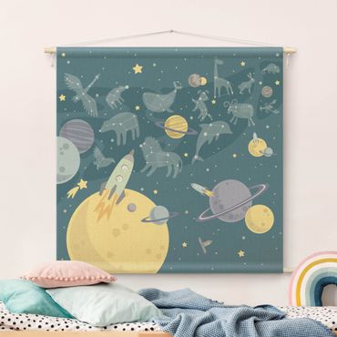 Wandteppich - Planeten mit Sternzeichen und Raketen - Quadrat 1:1