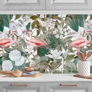 Küchenrückwand - Rosa Flamingos mit Blättern und weißen Blumen II