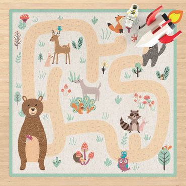 Kork-Teppich - Spielteppich Waldtiere - Freunde auf dem Waldweg - Quadrat 1:1