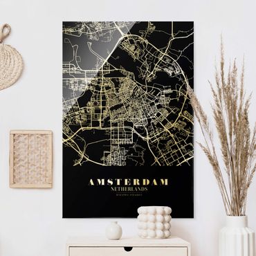 Glasbild - Stadtplan Amsterdam - Klassik Schwarz - Hochformat 2:3