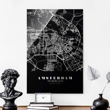 Glasbild - Stadtplan Amsterdam - Klassik Schwarz - Hochformat 2:3