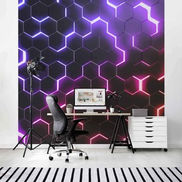 Fototapete - Strukturierte Hexagone mit Neonlicht in Rosa und Lila