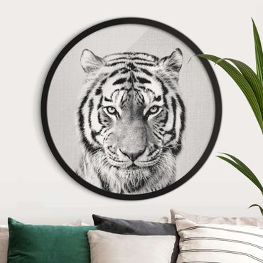 Rundes Gerahmtes Bild - Tiger Tiago Schwarz Weiß