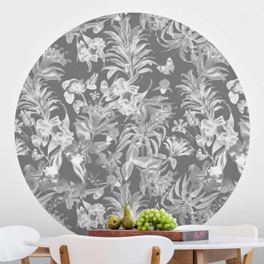 Runde Tapete selbstklebend - Tropische Blumen vor Grau