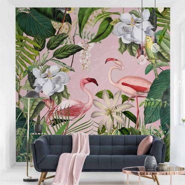 Fototapete - Tropische Flamingos mit Pflanzen in Rosa