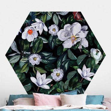 Hexagon Mustertapete selbstklebend - Tropische Nacht mit weißen Blumen