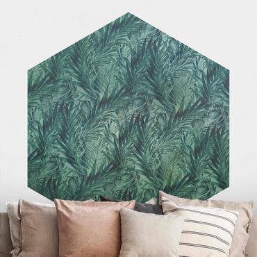 Hexagon Mustertapete selbstklebend - Tropische Palmenblätter auf Türkisverlauf