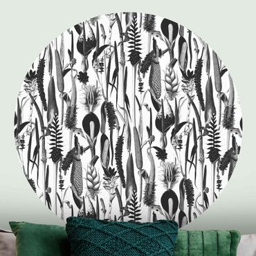 Runde Tapete selbstklebend - Tropisches Luxus Muster Schwarz-Weiß