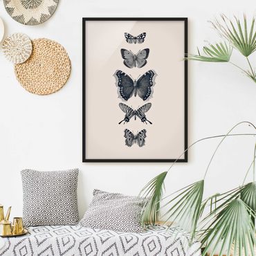 Bild mit Rahmen - Tusche Schmetterlinge auf Beige - Hochformat