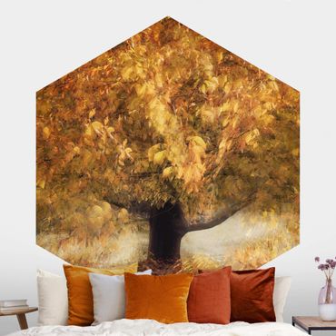Hexagon Mustertapete selbstklebend - Verträumter Baum im Herbst