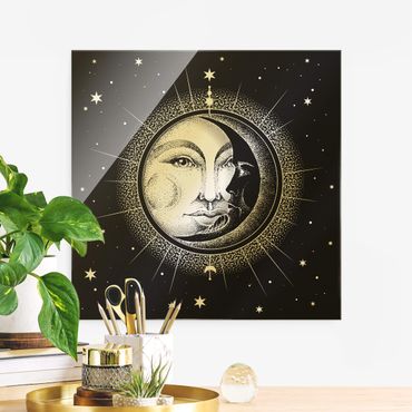 Glasbild - Vintage Sonne und Mond Illustration - Quadrat 1:1