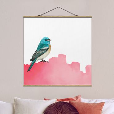 Stoffbild mit Posterleisten - Vogel auf Pink - Quadrat 1:1