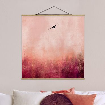Stoffbild mit Posterleisten - Vogel im Sonnenuntergang - Quadrat 1:1
