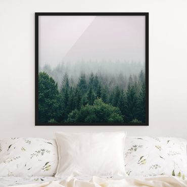 Bild mit Rahmen - Wald im Nebel Dämmerung - Quadrat