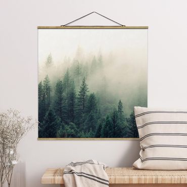 Stoffbild mit Posterleisten - Wald im Nebel Erwachen - Quadrat 1:1