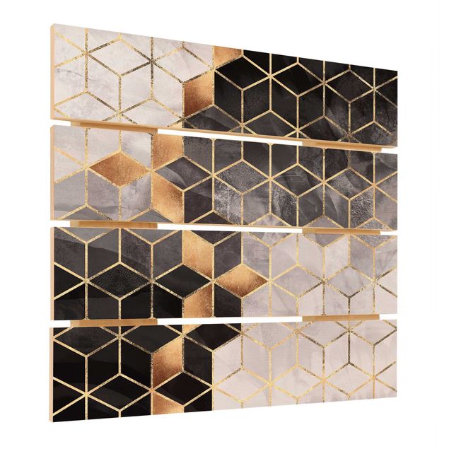 Holzbild - Elisabeth Fredriksson - Schwarz Weiß goldene Geometrie - Quadrat 1:1